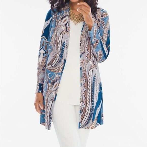 Chicos Faux Suede Jacket Paisley Sz 1 US 8 Medium Blue Beige Open Front Duster - Picture 3 of 15